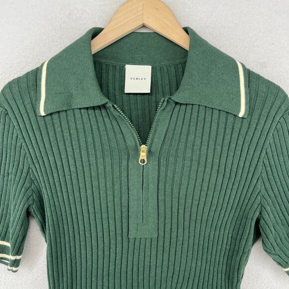 VARLEY Napier Sweater M Fitted Polo 1/4 Zip Ribbed Cotton Blend Green - Picture 3 of 15